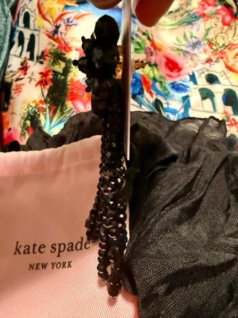 kate spade Black Crystal Floral Flourish Tassel statement Earrings 4”